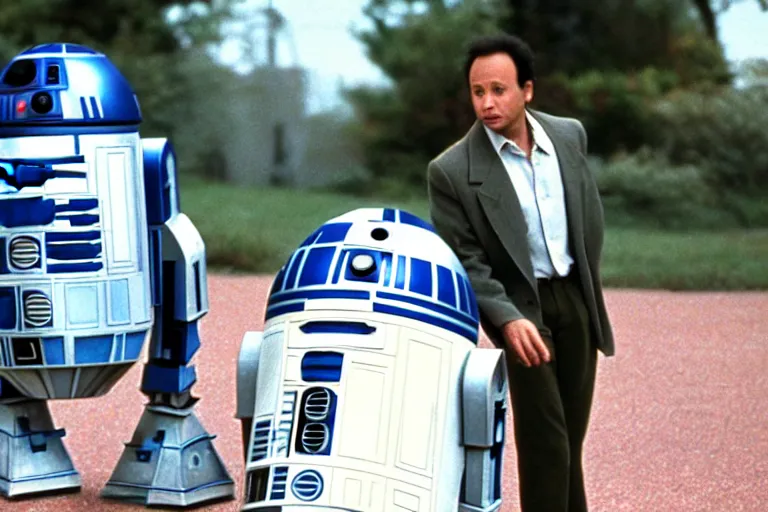 Prompt: a movie still from the 1989 romcom movie when Harry Met R2D2 starring Billy Crystal