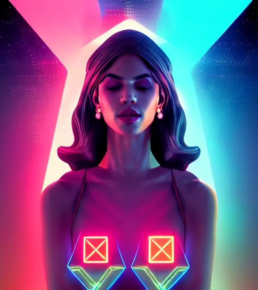 Image similar to symmetry!! latin princess of technology, solid cube of light, hard edges, product render retro - futuristic poster scifi, lasers and neon circuits, beautiful woman latin princess, intricate, elegant, highly detailed, digital painting, artstation, concept art, smooth, sharp focus, illustration, dreamlike, art by artgerm