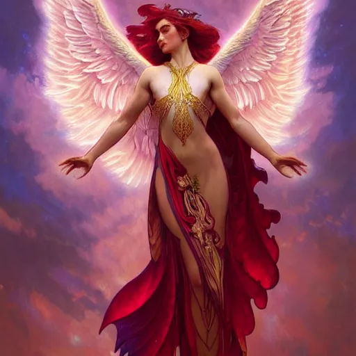 Image similar to a beautiful orchid phoenix angel woman, in an ornamented dress with large wings, rubies, volumetric light, god rays, highly detailed painting by greg rutkowski, artgerm, alphonse mucha
