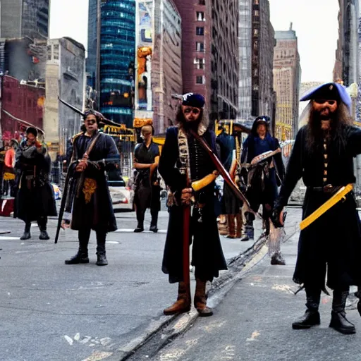 Image similar to real pirates standing with they swords ready in the middle of the road in new york city.