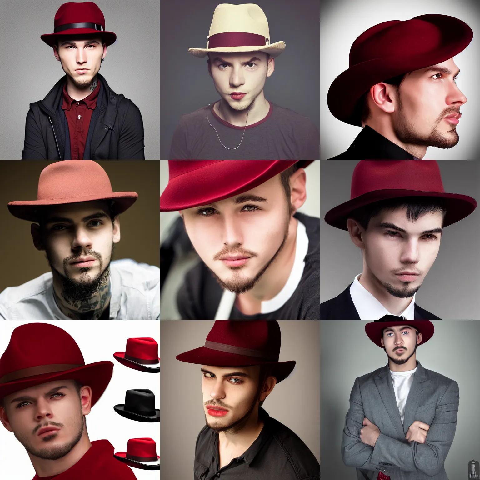 young lean face man slanted eyes dark red fedora | Stable Diffusion ...