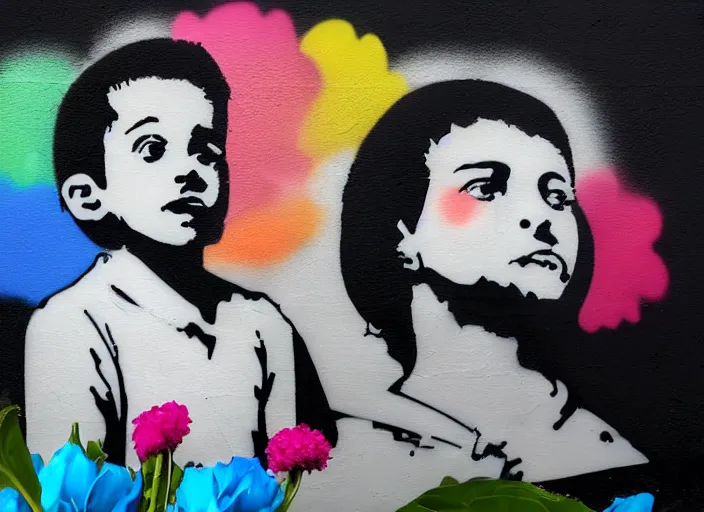 Image similar to a side profile of a black and white single boy holding colourful flowers in the style of Banksy on a white concrete background, graffiti, digital art