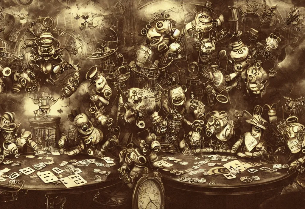 Prompt: photograph of steampunk bees playing poker
