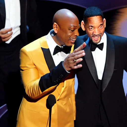 Prompt: wide-angle photo of Dave Chappelle slapping Will Smith at the Oscars, highly detailed, 8k, sharp focus, TMZ award winning photo