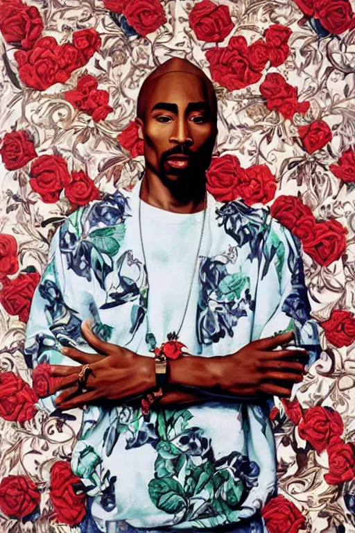 Prompt: Tupac, portrait by Kehinde Wiley!!, roses, oil paint on canvas,