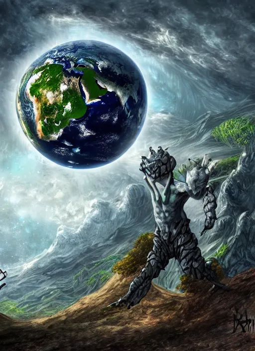 Image similar to destroyed earth held by two hands, digital art, trending on art station, very detailed, detailed background