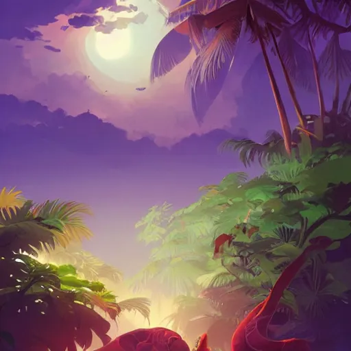 Image similar to tropical jungle, 2 moons in the sky above, purple tinged sky, behance hd artstation by jesper ejsing by rhads, makoto shinkai and lois van baarle, ilya kuvshinov, ossdraws