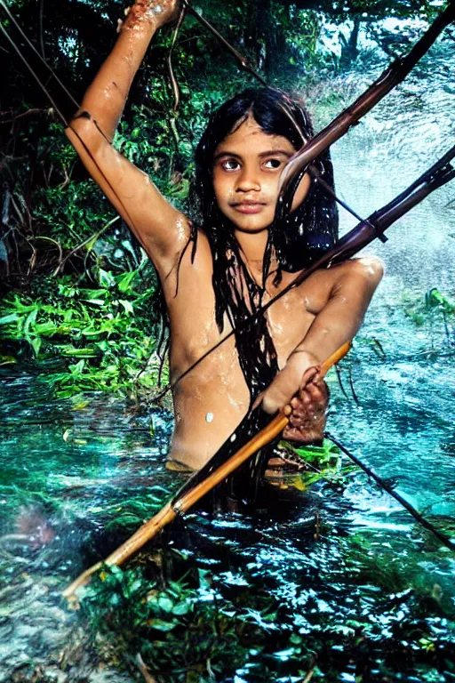 Prompt: a professional portrait photo of a sri lankan jungle girl, submerged in water, black hair, hunter, with bow and arrow, extremely high fidelity, natural lighting.