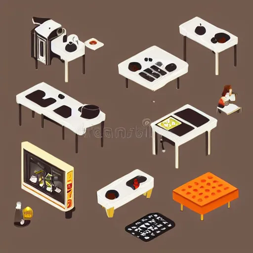 Image similar to isometric cartoon recreational cannabis cafe building interior axonometric espresso machine, aluminum sheen, people drink coffee and people smoke cannabis cigarettes, cannabis vending machines, beanbags, 4 cannabis pots, by benoit mandelbrot, low poly cute minimal concept art illustrated by anni albers