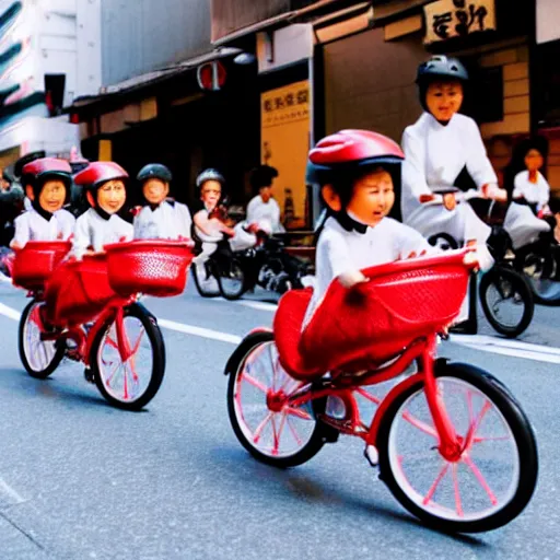Image similar to tiny cute red dragons riding a bike in the streets of tokyo