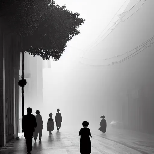 Image similar to people with modern european formal cloting going to their office walking on wide side road,modern san francisco,misty morning with long shadows,fan ho photography