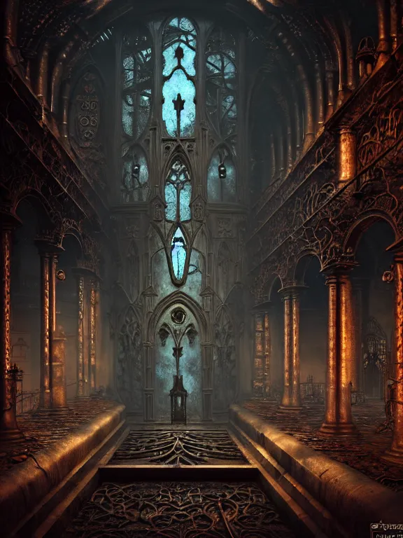 Image similar to steam necropolis, memento mori, gothic, neo - gothic, art nouveau, hyperdetailed copper patina medieval icon, stefan morrell, philippe druillet, ralph mcquarrie, concept art, steampunk, unreal engine, detailed intricate environment, octane render, moody atmospherics, volumetric lighting, ultrasharp, ominous, otherworldly