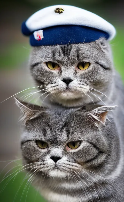 Prompt: portrait photo of scottish fold cat wearing a black military hat, blue tabby fur, highly detailed, high resolution, cosplay photo, stunning, bokeh soft, trending on instagram, by professional photographer, soldier clothing, military uniform, shot with a canon