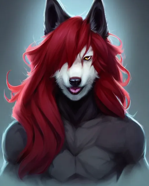 Image similar to character concept art of a black anthropomorphic furry male wolf long red hair | | cute - fine - face, pretty face, key visual, realistic shaded perfect face, fine details by stanley artgerm lau, wlop, rossdraws, james jean, andrei riabovitchev, marc simonetti, and sakimichan, trending on artstation