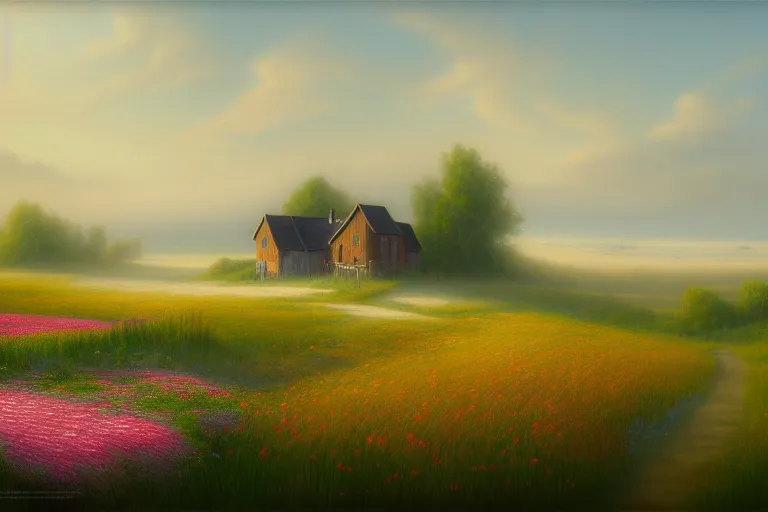 Image similar to a matte painting of a manitoba prairie, cottages, foggy, patchy flowers, oil painting, pale colors, high detail, 8 k, wide angle, trending on artstation,