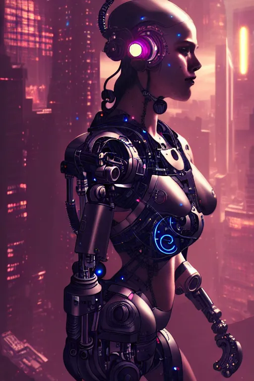 Image similar to ultra realistic, beautiful female cyborg in a crowded smoky cyberpunk club in space megalopolis, sci - fi, intricate details, eerie, highly detailed, octane render, 8 k, art by artgerm and alphonse mucha and greg rutkowski