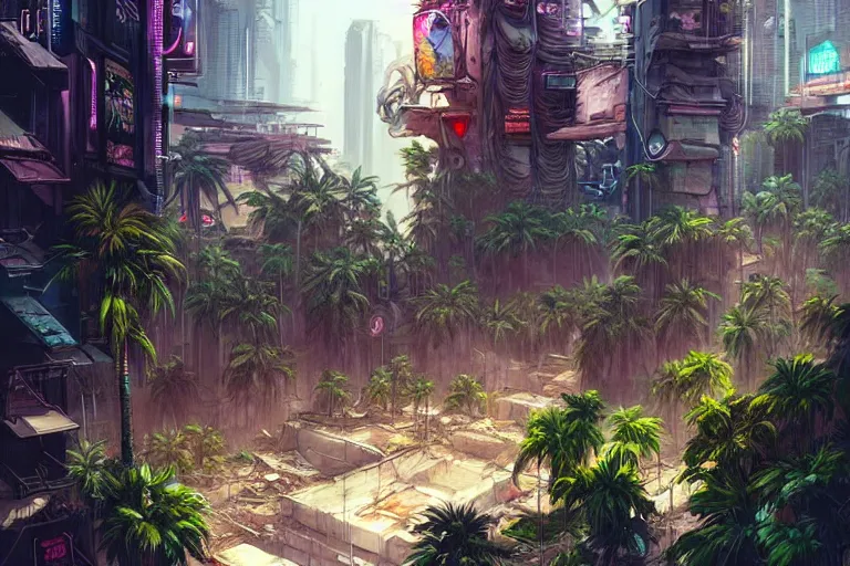 Image similar to a cyberpunk city in ruins, jungle plants overgrowing the streets and buildings, cats run through the ruins, drinking from pools of water and climbing on old fallen signs, by artgerm and amano and rutkowski and kincaid, trending on artstation
