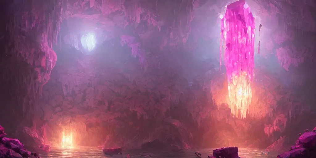 Prompt: giant crystal golem, d & d 5 e creature, bright pink purple lights, underwater, watery caverns, art by greg rutkowski