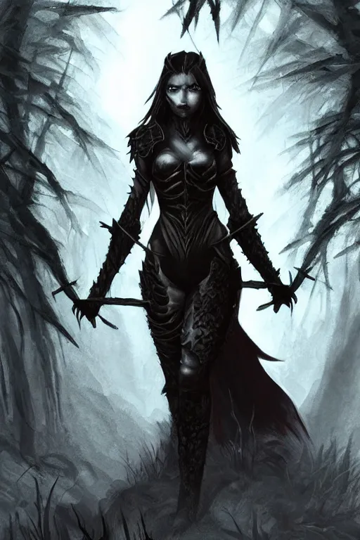 Image similar to dramatic dark forest scenery, girl with sharp fangs in hide leather armor, high fantasy concept art, poster