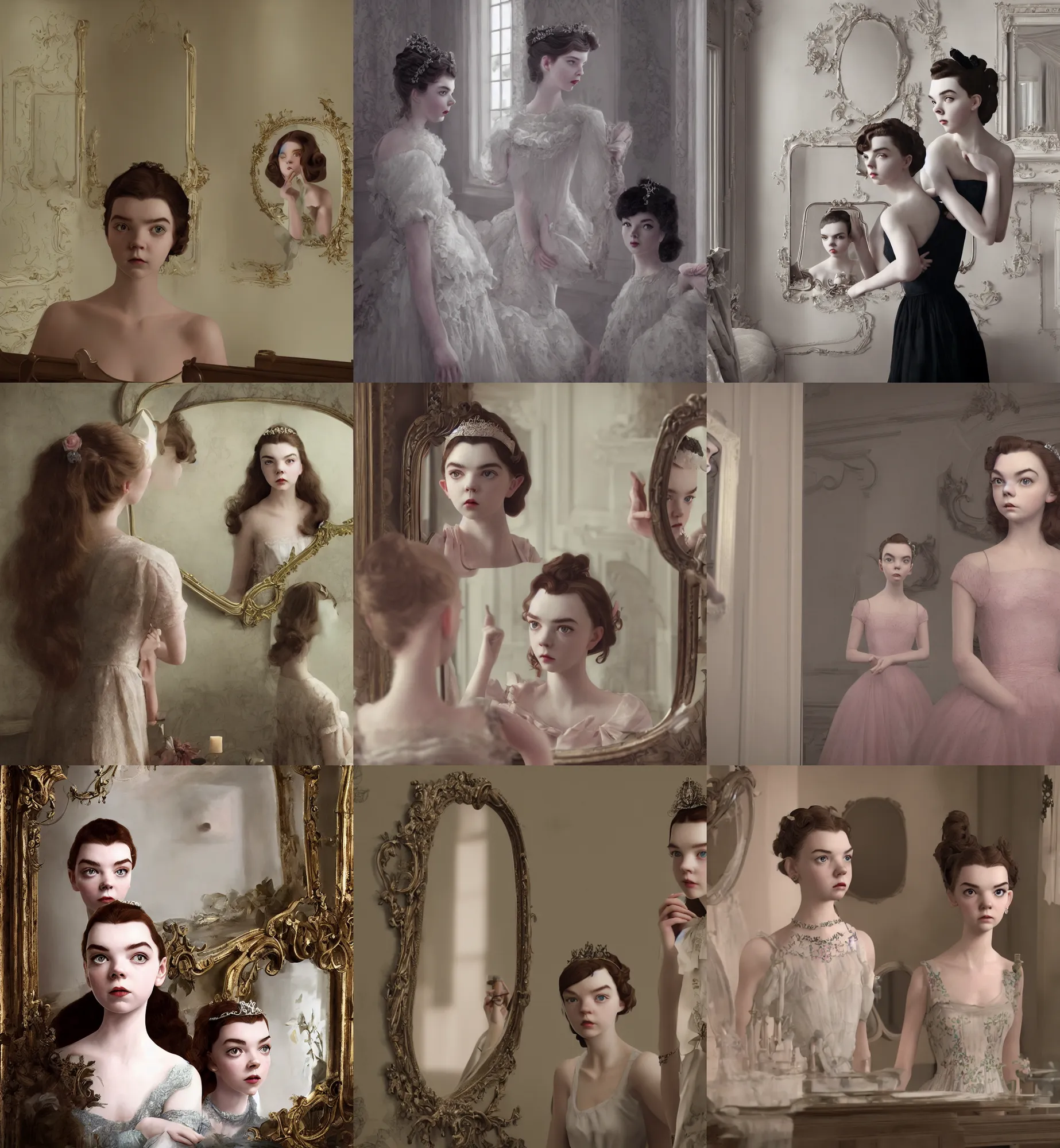 Prompt: a mix of of lily cole anya taylor - joy and audry hepburn looking into mirror, tiara, 1 8 th century manor, hyperrealism photorealism, 8 k, hdr, unreal engine 5, octane render, photorealistic, extremely detailed, intricate, in the style of mark ryden, lostfish, earl nore, hyung tae, frank frazetta