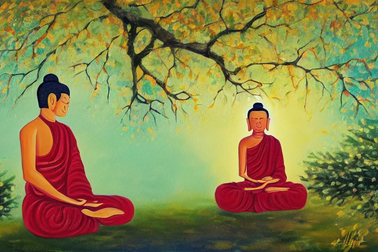 Image similar to painting of a peaceful buddha meditating under a tree, acrylic art, calm, soothing, cosy, elegant, soft light,