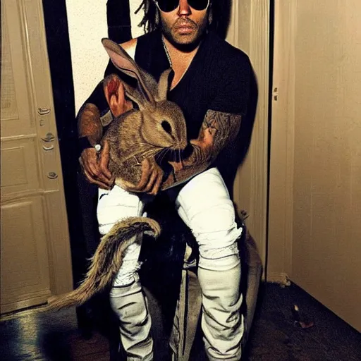 Prompt: photo of lenny kravitz and his amazing rabbits