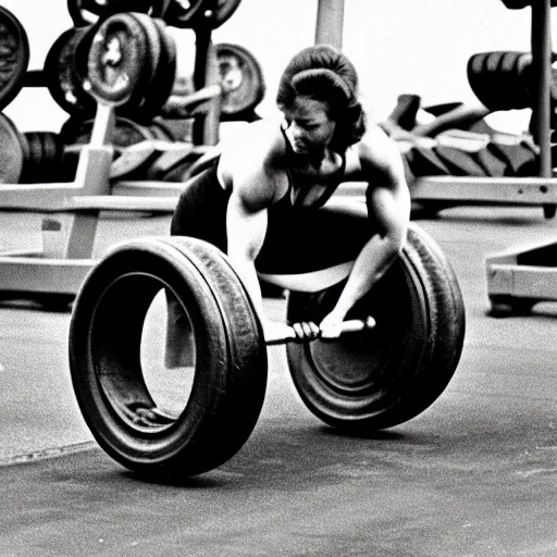 Prompt: cropped photo of muscular bodybuilder woman lifting vintage car tires, film grain, specular highlights, 3 5 mm lens, government archive photograph