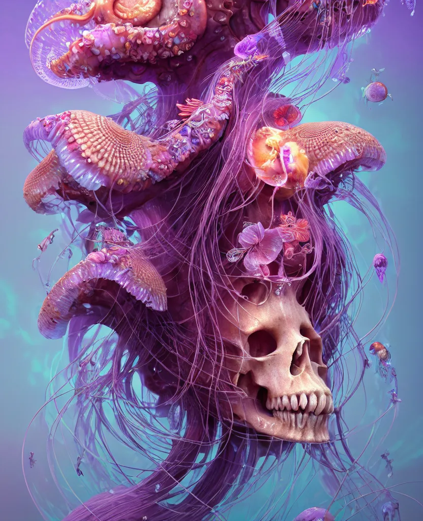 Image similar to goddess princess beautiful face close-up portrait ram skull. jellyfish phoenix head, nautilus, orchid, skull, betta fish, bioluminiscent creatures, intricate artwork by Tooth Wu and wlop and beeple. octane render, trending on artstation, greg rutkowski very coherent symmetrical artwork. cinematic, hyper realism, high detail, octane render, 8k