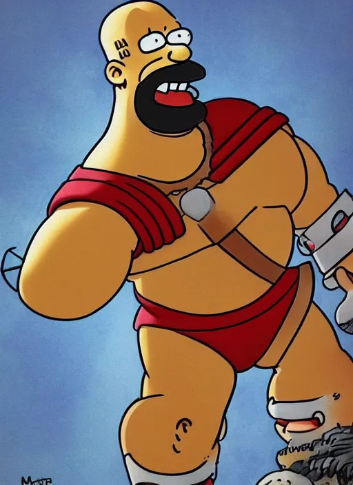 Image similar to painted white Homer Simpson:: depicted as Kratos God of War, Matt Groening art, high detailed official artwork