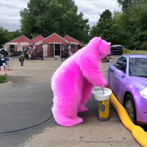 Image similar to pink furry washing cars while eating soap psychedelic style