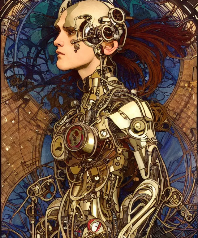 Image similar to realistic detailed portrait of a male! mecha cyberpunk! monk! by alphonse mucha and charlie bowater and art germ, rule of thirds, golden ratio, art nouveau! cyberpunk! style, mechanical accents!, mecha plate armor, glowing leds, flowing wires with leaves, art nouveau accents, art nouveau patterns and geometry, rich deep moody colors