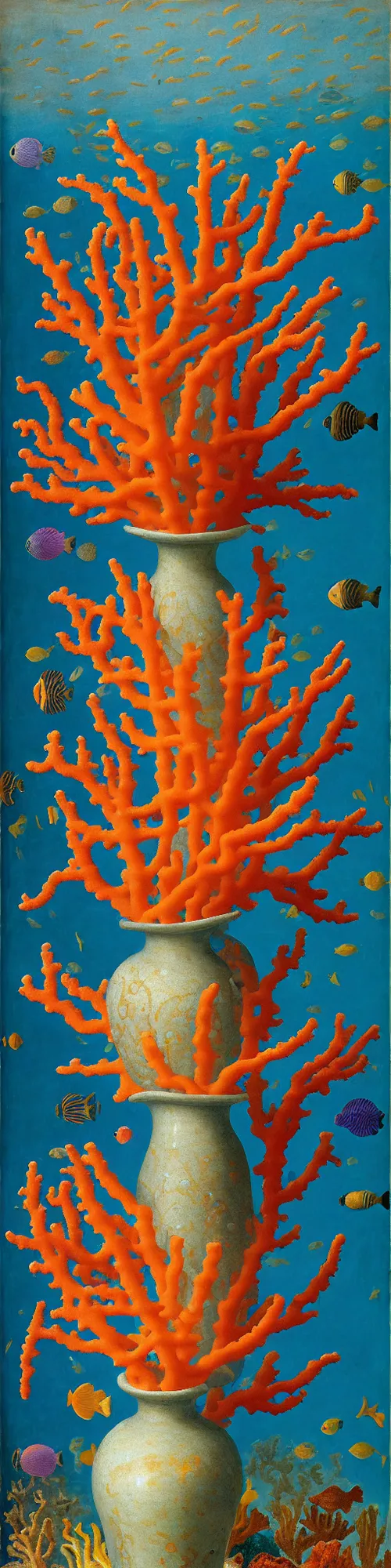 Image similar to bottle vase of coral under the sea and in the sky decorated with a dense field of stylized scrolls that have opaque outlines enclosing mottled blue washes, with orange shells and purple fishes, ambrosius benson, oil on canvas, hyperrealism, light color, no hard shadow, around the edges there are no objects