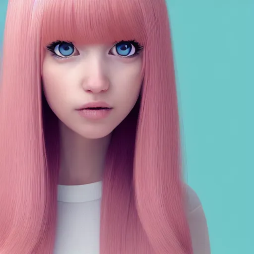 Image similar to A portrait of Nikki from Shining Nikki and Love, a cute 3d cgi toon young woman with long light pink hair, full bangs, hazel eyes, full face, light makeup, pale skin, Chinese, medium shot, mid-shot, soft focus, 4k, trending on artstation, as a Pixar character