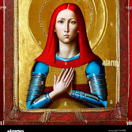 Prompt: a woman with red short hair, red hair, wearing a medieval armor, intricated details armor, holy knight, a halo on her head, holy saint, holy ichonography, catholic fresco