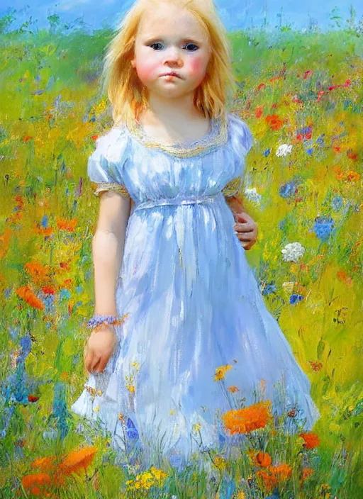 Prompt: a cute little girl with golden blonde hair and blue eyes standing in a field of colorful wildflowers wearing a sky blue summer dress. detailed face. beautiful painting by ruan jia