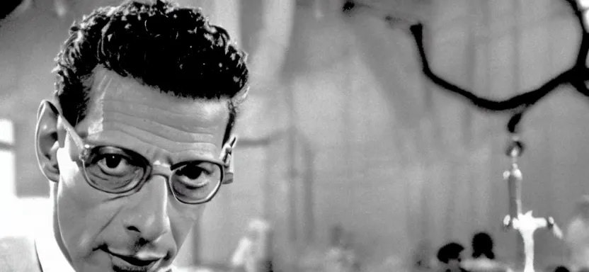 Image similar to film still of jeff goldblum in the pit and the pendulum ( 1 9 6 1 ) in the style of cronenberg, pathecolor, 4 0 mm panavision wide - angle lens