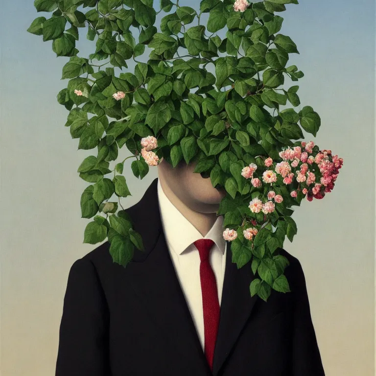 Image similar to portrait of man in a suit with flowers hiding his face by rene magritte, detailed painting, hd, hq, high resolution, high detail, 4 k, 8 k