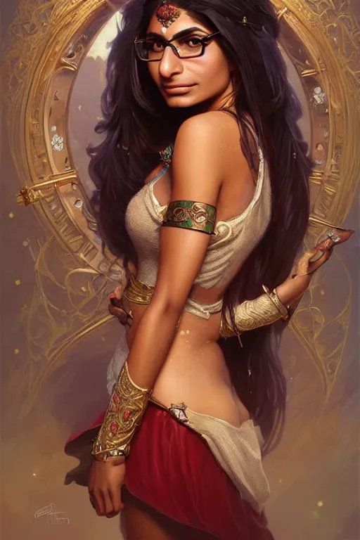 Image similar to mia khalifa as a princess, fantasy, intricate, elegant, highly detailed, digital painting, artstation, concept art, matte, sharp focus, illustration, art by artgerm and greg rutkowski and alphonse mucha