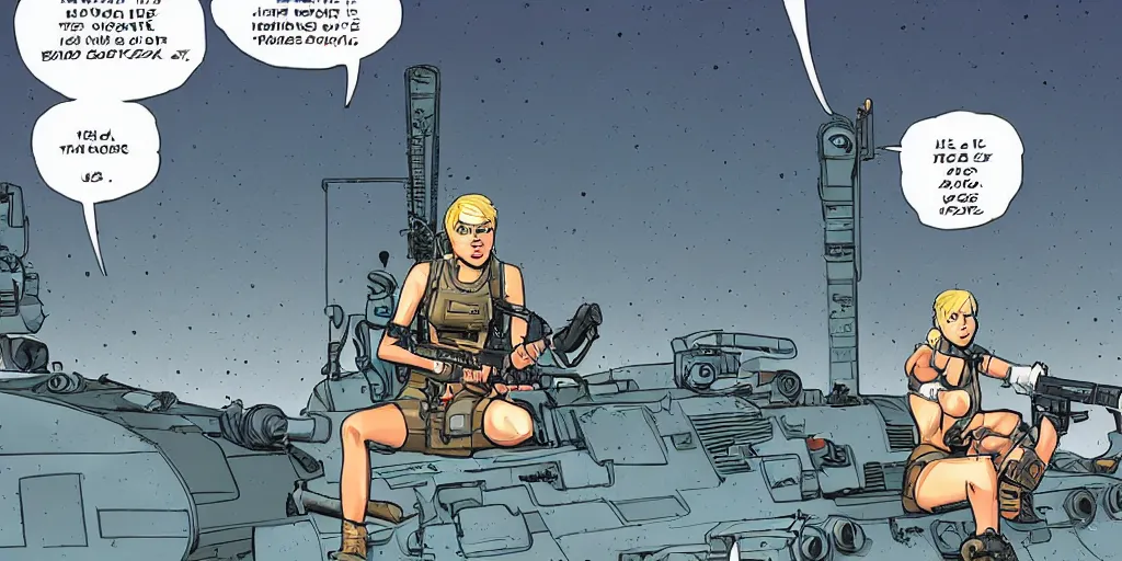 Image similar to tank girl sitting on top of the tank, holding a granite luncher. smiling. laurie greasley,