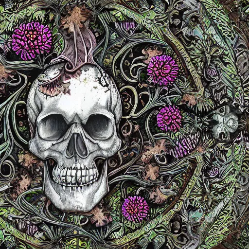 Image similar to detailed rotten skull corpse with fractal plants and fractal flowers and mushrooms growing around, symmetrical, ornate, ornamentation, illustration, in the style of onz _ blk