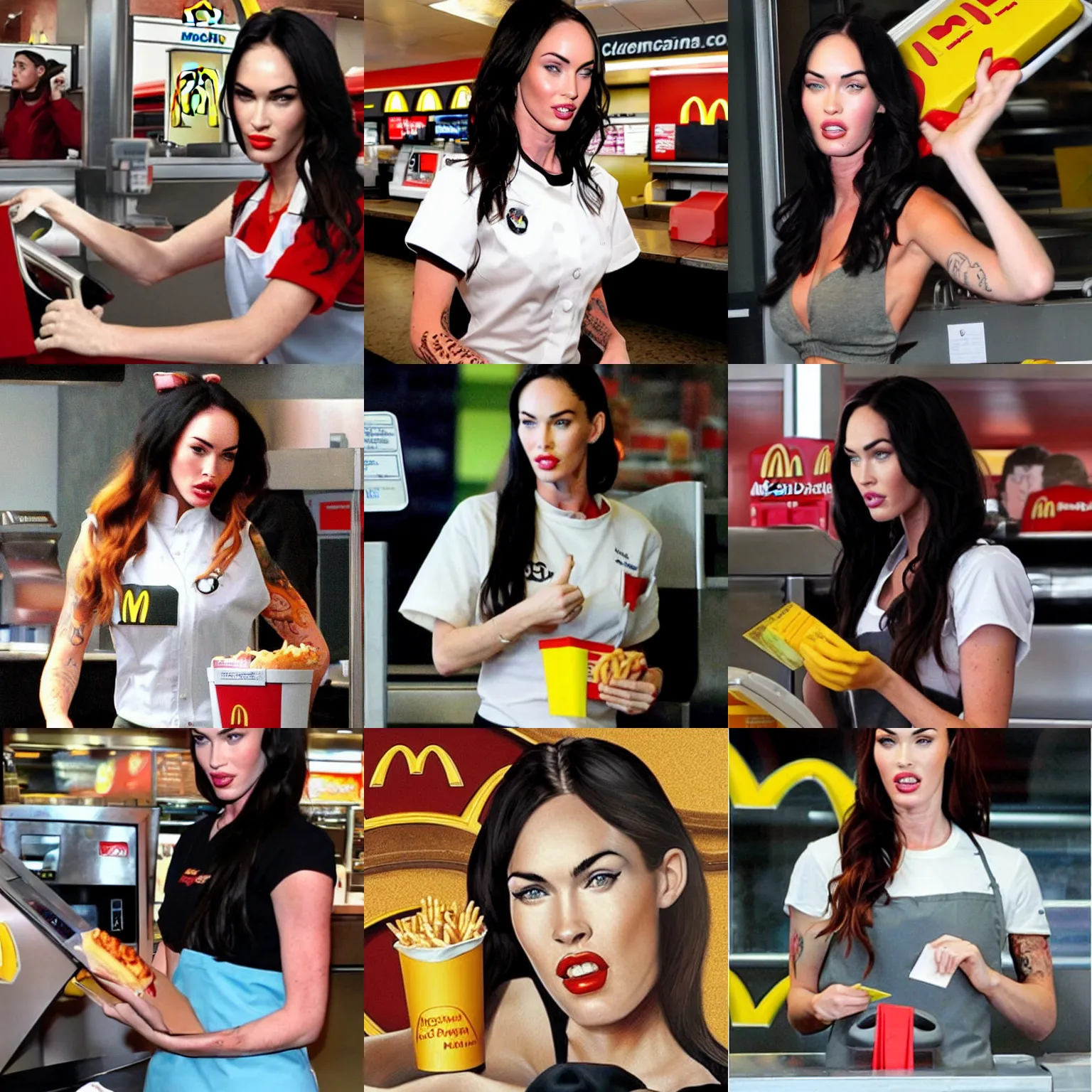 Prompt: Megan Fox as a McDonalds cashier, El Greco style