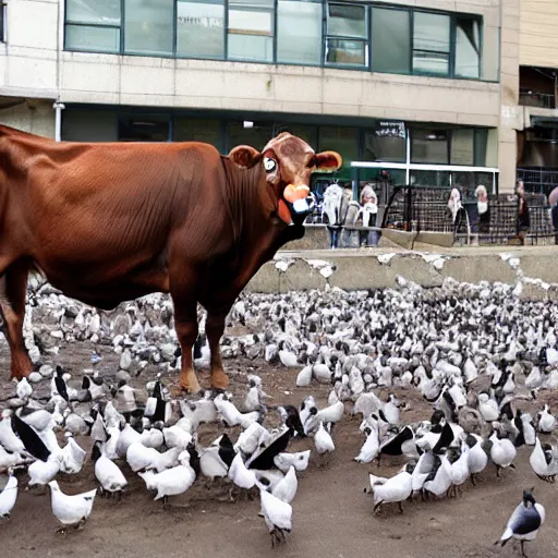 Image similar to a cow made of pigeons