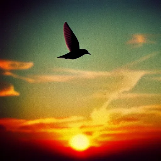 Image similar to Realistic shot of a dove flying over the clouds at sunset, ethereal, vintage photograph, film grain, surreal, awe-inspiring, highly detailed