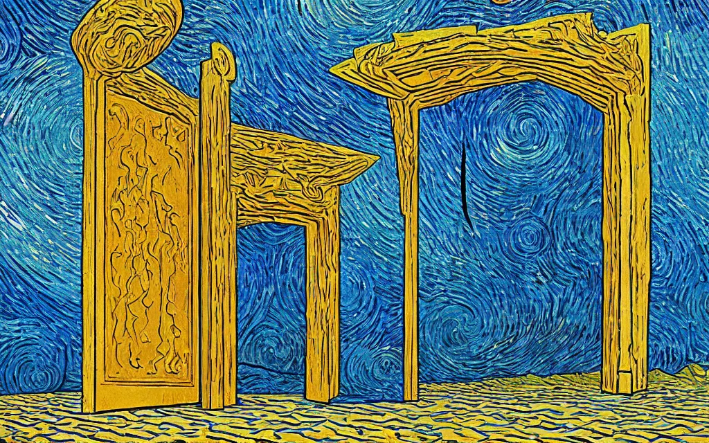 Image similar to rectangular portal gate to another world. fractal. retro minimalist art by jean giraud and van gogh