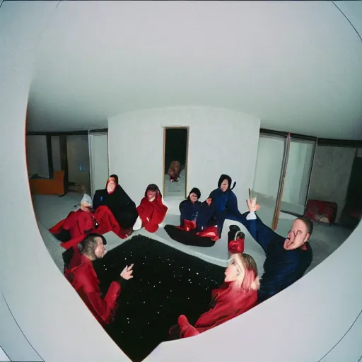 Image similar to first-person perspective view of people wearing shiny skiwear having a party inside of a 1970s luxury bungalow with a sunken living room with a square hole in the ground with fog and light-emitting, at dusk, ektachrome photograph, f8 aperture