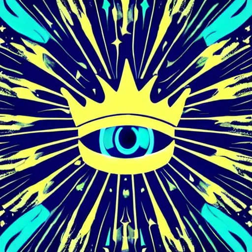 Image similar to a glowing crown sitting on a table with one large beautiful eye mounted on it like a jewel, stars on top of the crown, night time, vast cosmos, geometric light rays, bold black lines, flat colors, minimal psychedelic 1 9 6 0 s poster illustration