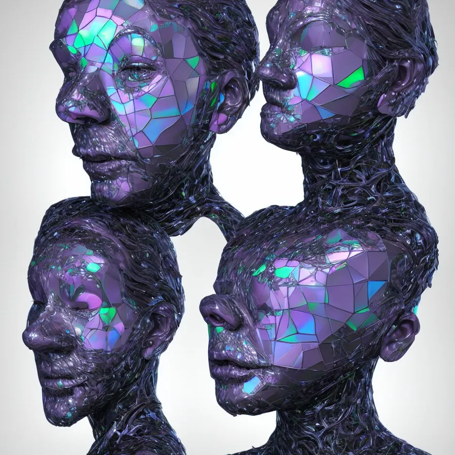 Image similar to a one woman with a futuristic mask on her face, a surrealist sculpture by alexander mcqueen, trending on pinterest, plasticien, biomorphic, made of plastic, a computer rendering by bedwyr williams, featured on zbrush central, holography, multiple exposure, glitch art, glitchy, photorealistic