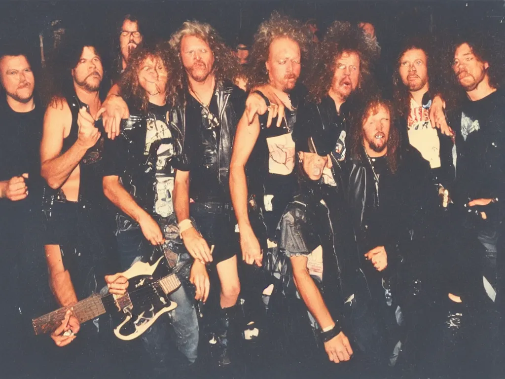 Image similar to 80s polaroid colour flash photograph of 80s Metallica concert