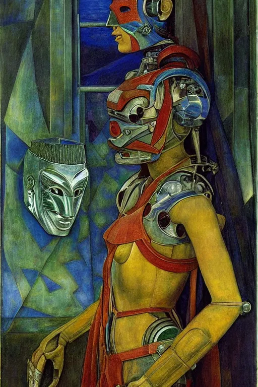 Image similar to the queen in her robot mask stands by the window, by Annie Swynnerton and Diego Rivera and Elihu Vedder, symbolist, dramatic lighting, elaborate geometric ornament, Art Brut, soft blues and greens,smooth, sharp focus, extremely detailed, Adolf Wölfli and Evelyn De Morgan