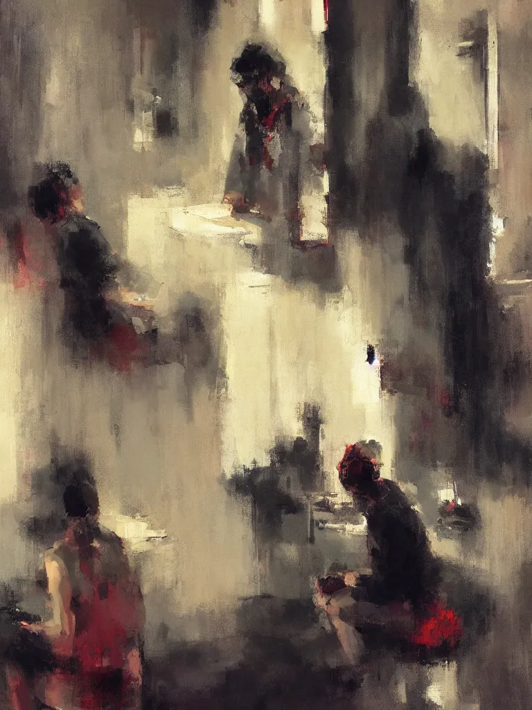 Image similar to a beautiful painting by mark tennant of people looking at their phone in a bathroom, color bleeding, brushstrokes by jeremy mann